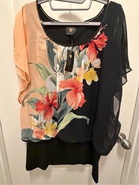 JM Collection Peach and Black Floral Sheer Blouse